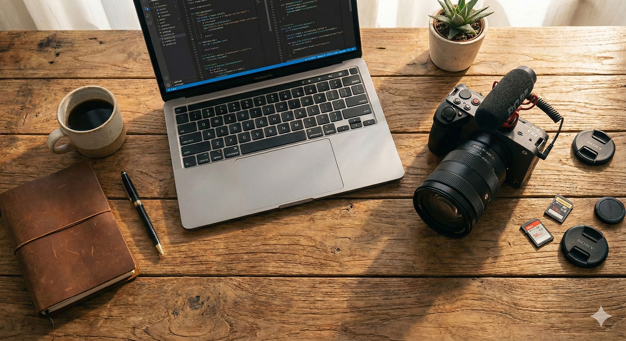Creative workspace with laptop and camera lens